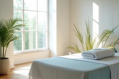 Peaceful massage room with natural light